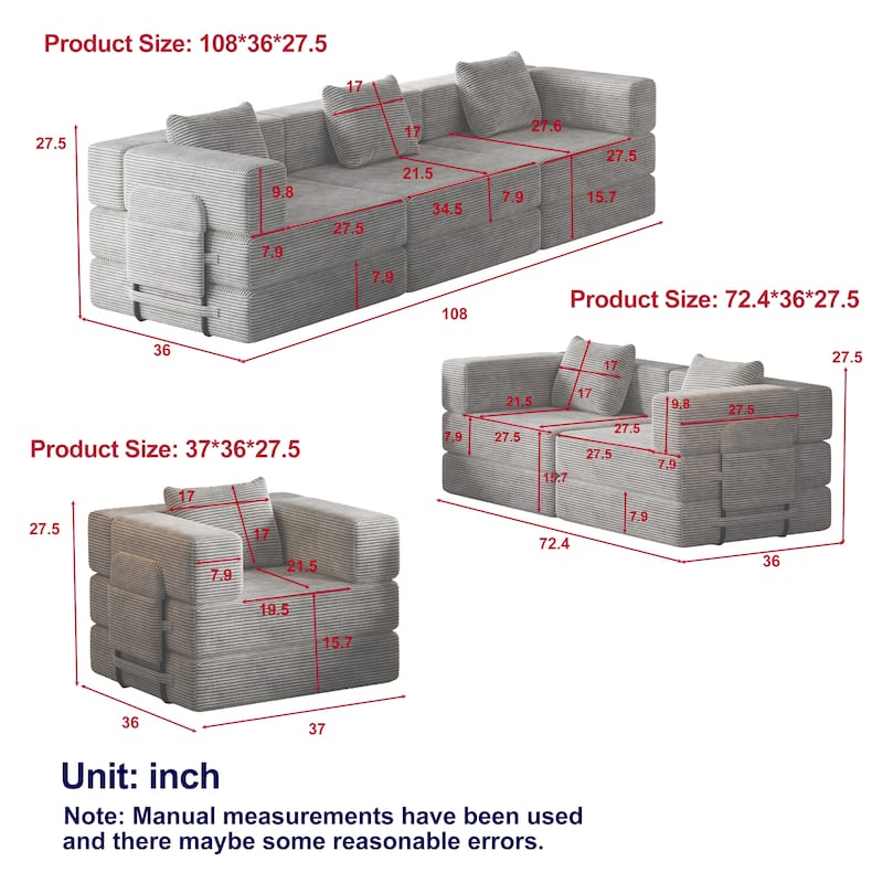 Corduroy Folding Loveseat Couch Set of 3 Convertible Sleeper Sofa Bed with Side Pockets, Modular Floor Mats with Anti-slip Pads