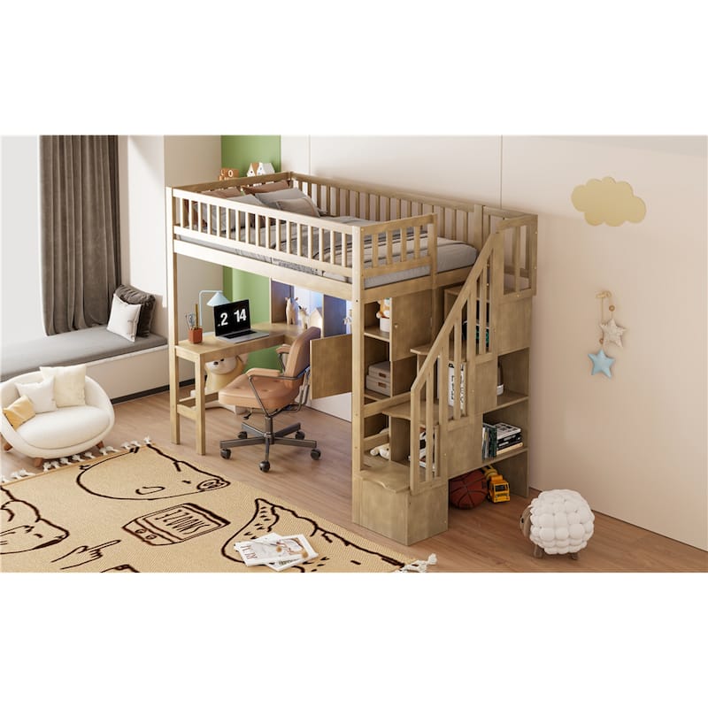 Roomfitters Twin Wood Loft Bed with Built-in Desk, Storage Cabinets and LED Light