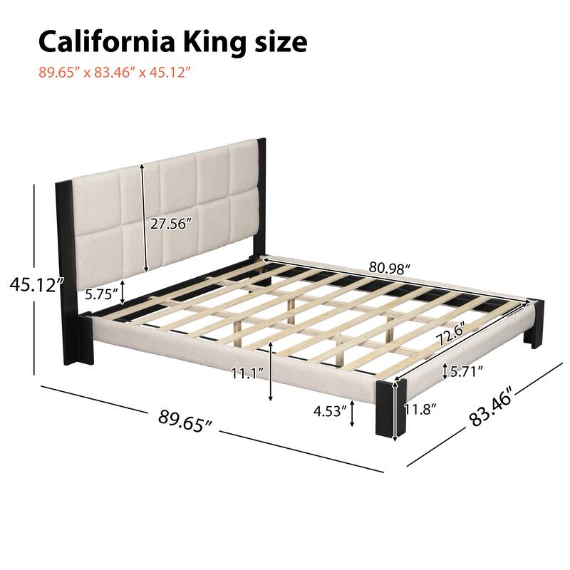 Roomfitters King Boucle Upholstered Bed Frame, Modern Platform Base with Square Tufted Headboard and Slats, Beige and Black