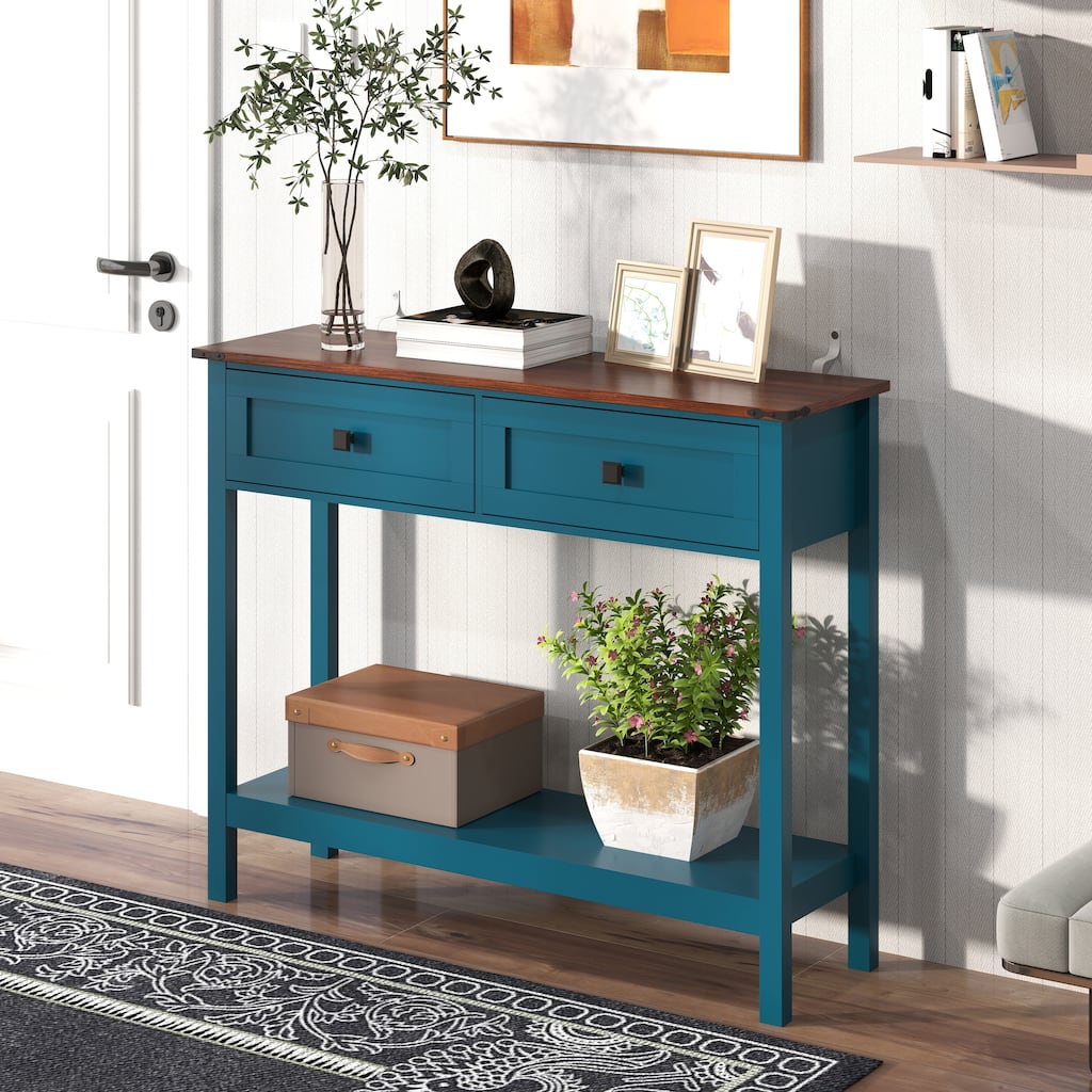Farmhouse Entryway Console Table with Drawers and Shelf