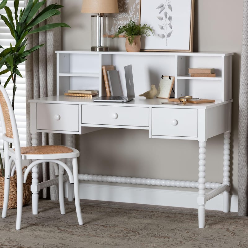 Archwood Writing Desk with Hutch - 3-Drawer Wood Desk with Bobbin Design for Home Office or Bedroom Workspace, White