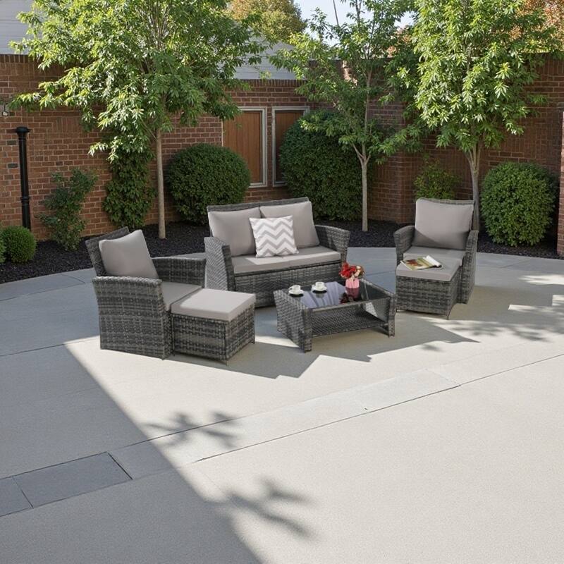 6-Piece Outdoor Wicker Conversation Set with Ottomans and Glass Coffee Table, Cushioned Seating - Light Gray