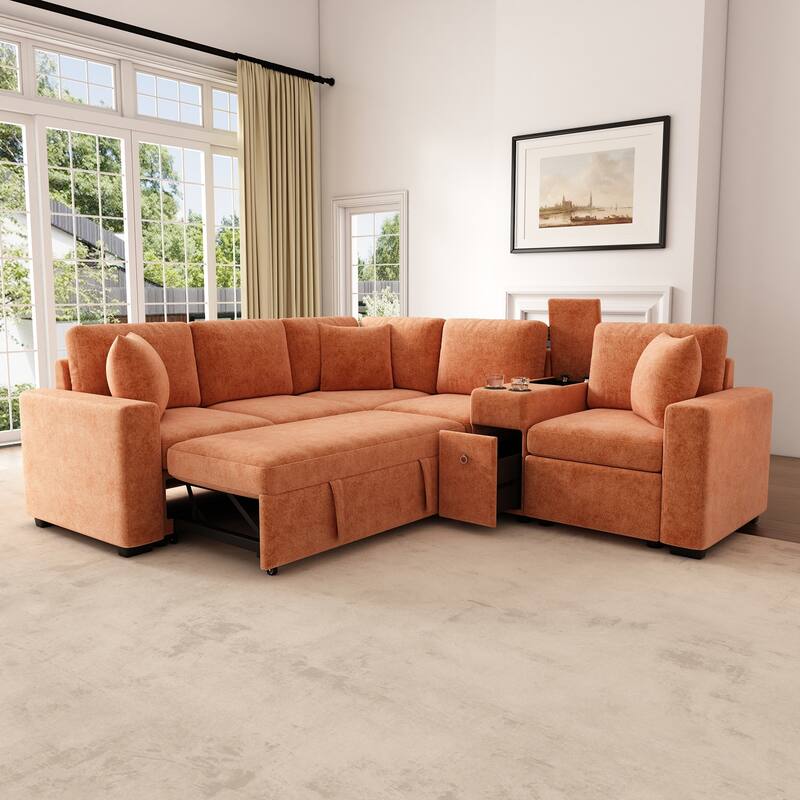 L-shaped Convertible Sofa Bed Modular Sectional Sofa Reversible Sleeper with Pull-Out Bed,and Ample Storage Space - Orange