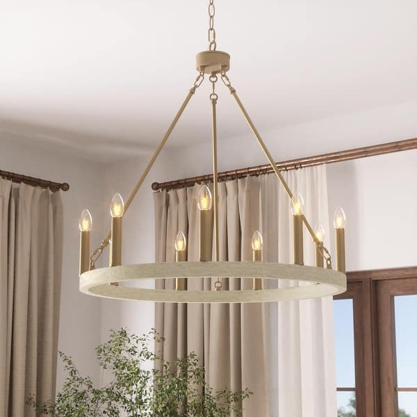 slide 2 of 7, Acroma 9-light Modern Farmhouse Wagon Wheel Chandelier for Dining room - 24 inches French Ash & Brass Gold