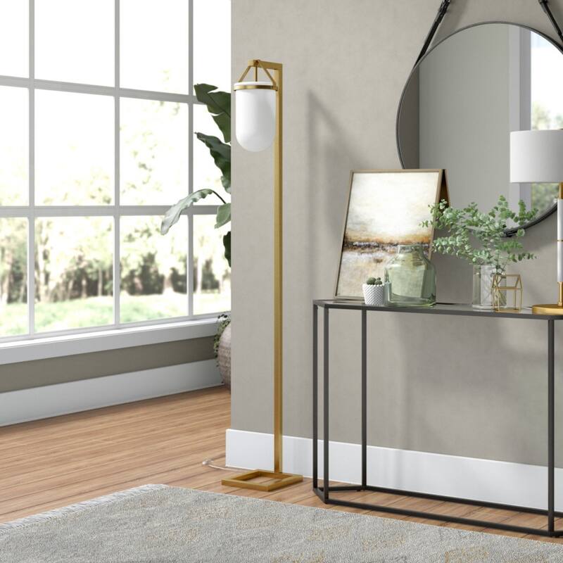 Modern 68" Arched Floor Lamp with Brass Base and Glass Shade