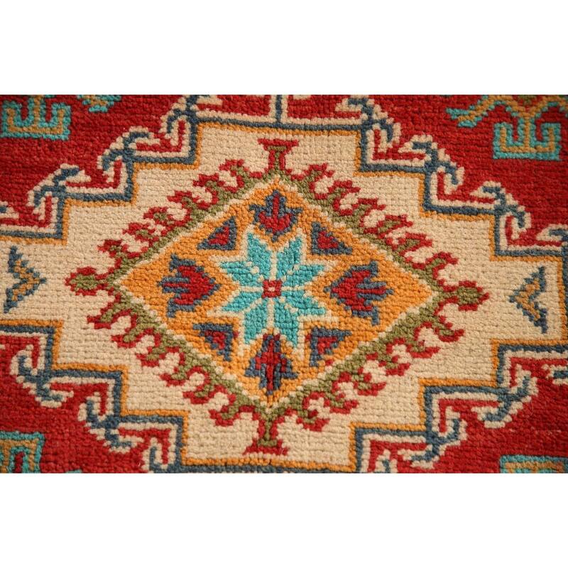 Kazak Rug Hand-Knotted Geometric Red Wool Carpet - 3'3"x 4'10"