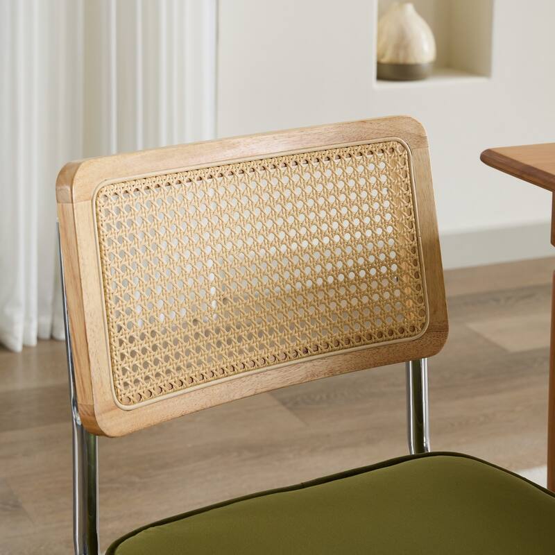Mid-Century Modern Dining Chairs with Rattan Back and Stainless Chrome Base - Set of 2