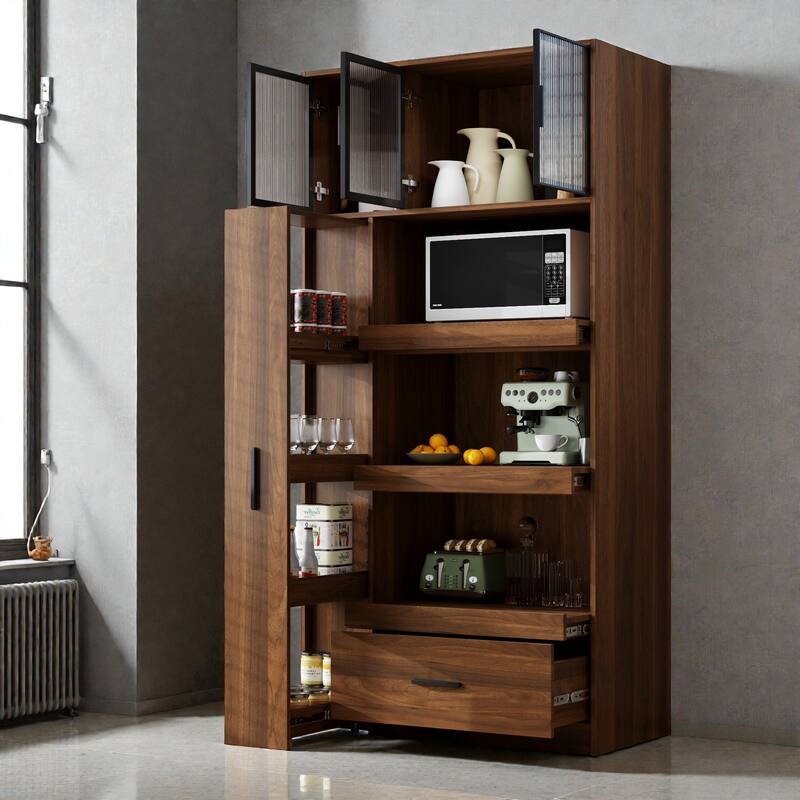 Tall Kitchen Pantry Cabinet with Pull-Out Multi-Tier Shelf, Drawer & Glass Door, Freestanding Hutch with Microwave Stand