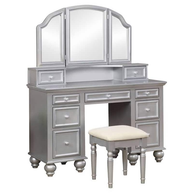 Cael 60 Inch Vanity Desk with Stool, Drawers, 3 Sided Mirror, Silver Wood
