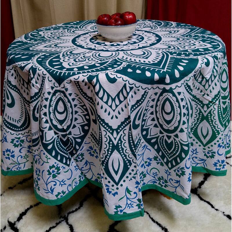 Cotton Floral Heart Medallion Tablecloth Round - 81 inches - Blue Agate Green