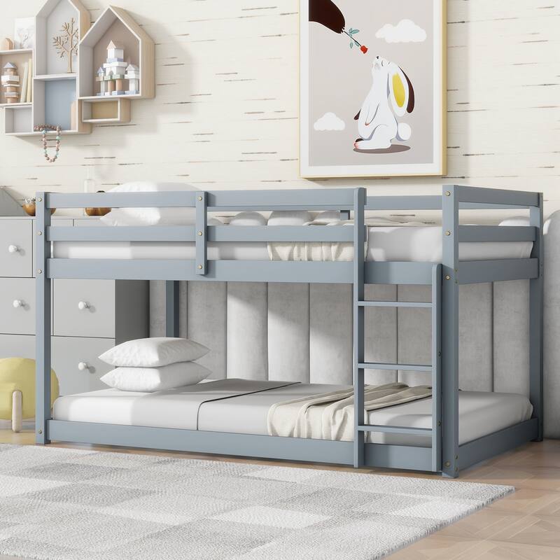 Wooden Twin over Twin Floor Bunk Bed with Ladder ,Upper and Bottom Bed Platforms
