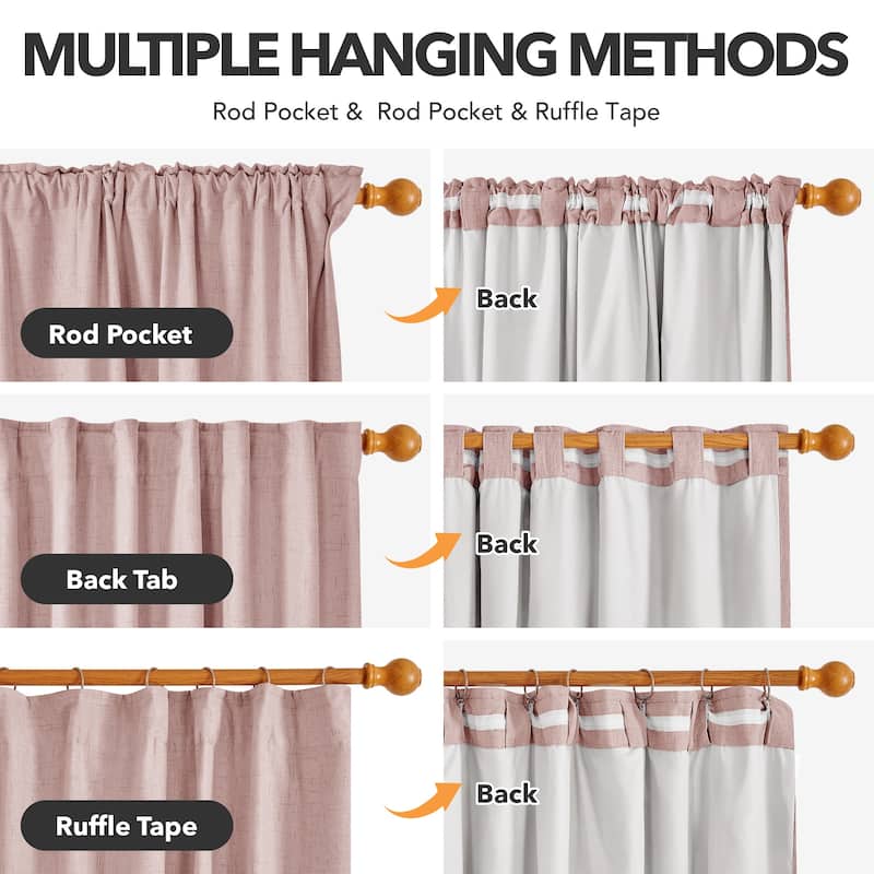 Living Room Curtains Back Tab Rod Pocket Faux Linen Blackout 2 Panels