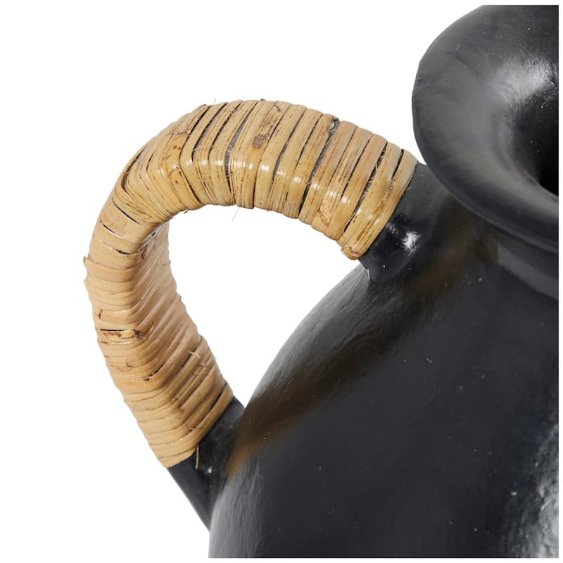 Modern Black Ceramic Jug Inspired Vase with Rattan Wrapped Handles