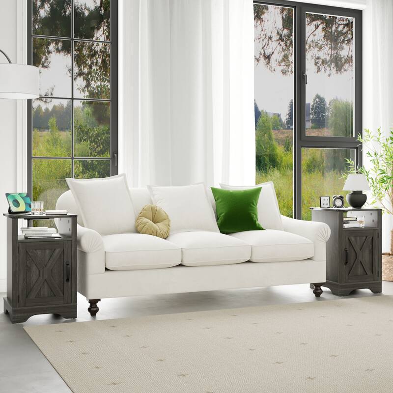 Rustic Wooden Nightstand with Charging Station & Storage - Dark Gray (2 Sets)