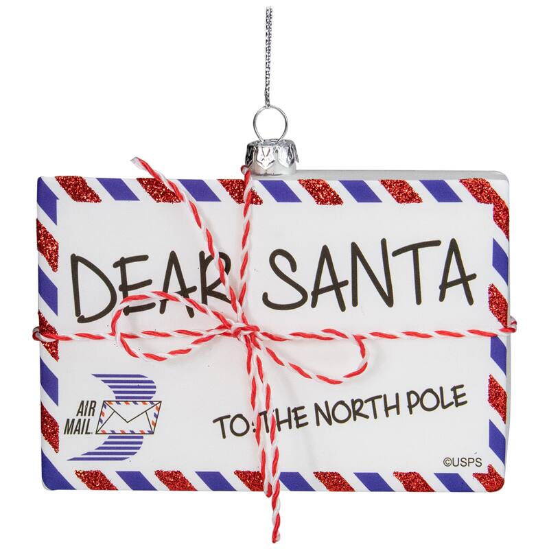 3.5" White Envelope "USPS Dear Santa" Stripes Glass Christmas Ornament