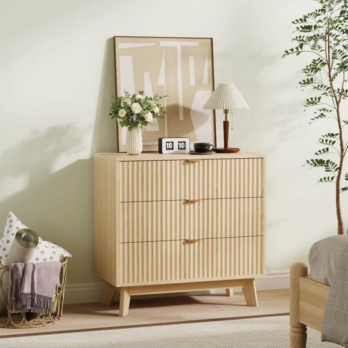 Modern Dresser, Mid Century Drawers Waveform Fluted Side Table Wood Drawer Organizer for Bedroom Living Room Hallway