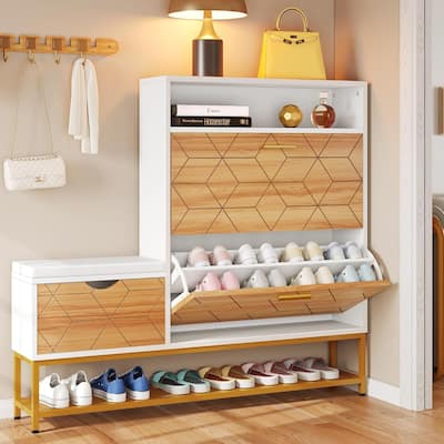 Moasis 22 Pairs Shoe Cabinet with 2 Flip Drawers, Narrow Shoes Rack with Storage Bench