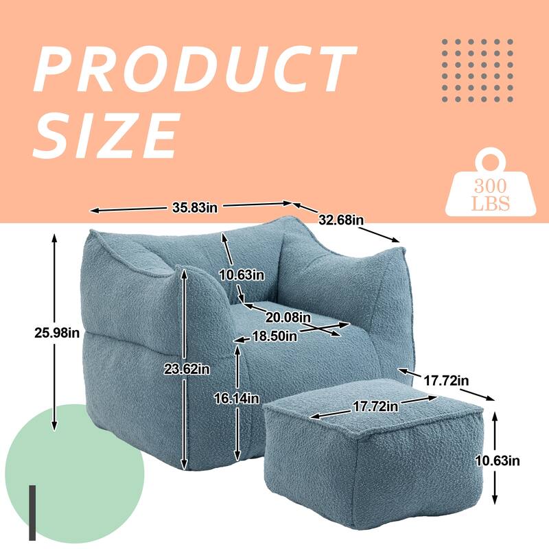 Boucle Upholstered Deep Seat Armless Square Bean Bag Chair with Ottoman