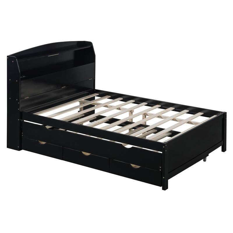 Full Size Espresso Wooden Bed with LED Night Light, Trundle, and Under-Bed Storage Drawers