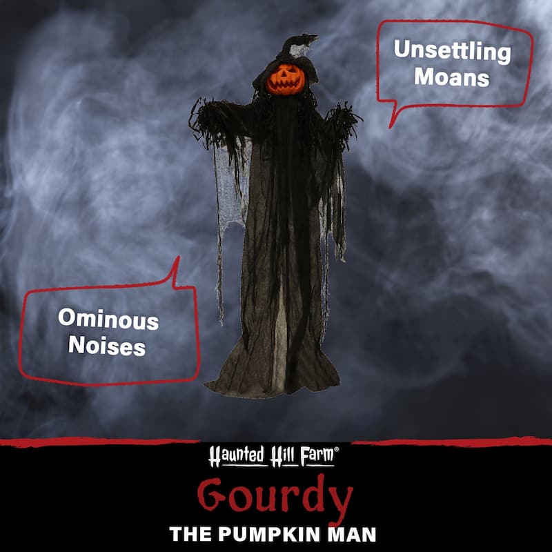Haunted Hill Farm Life-Size Poseable Pumpkin Witch with Lights and Sound, Indoor/Covered Outdoor Halloween Decoration