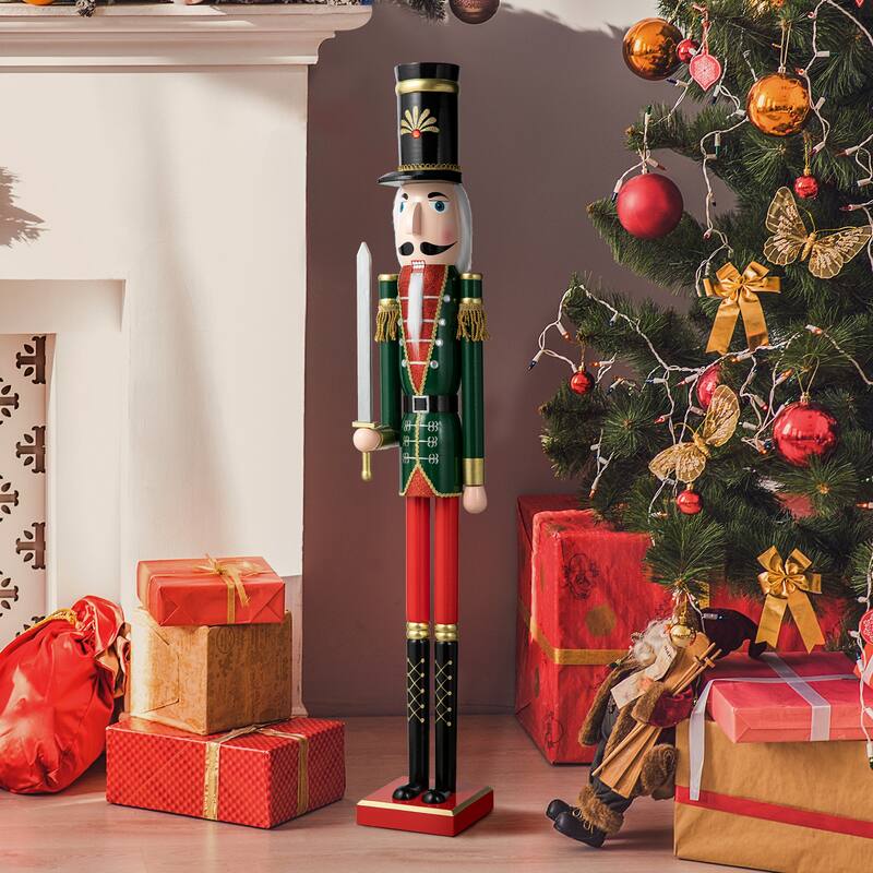 Glitzhome 42"H Set of 2 Wooden Christmas King and Soldier Nutcrackers Xmas Porch Decor
