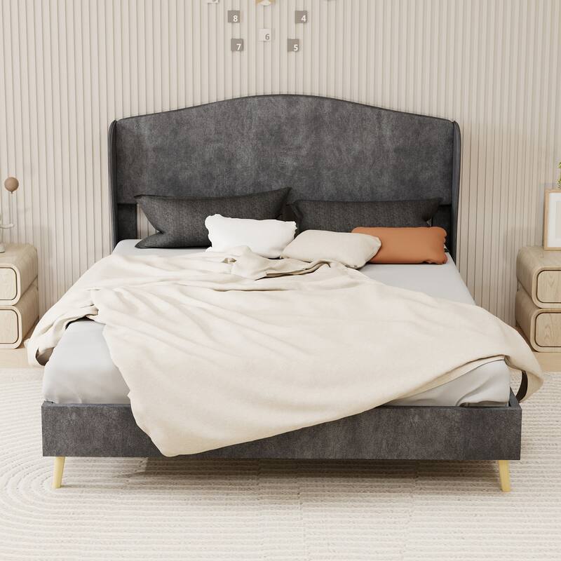 Luxurious Queen Size Velvet Upholstered Platform Bed, With Tufted Headboard