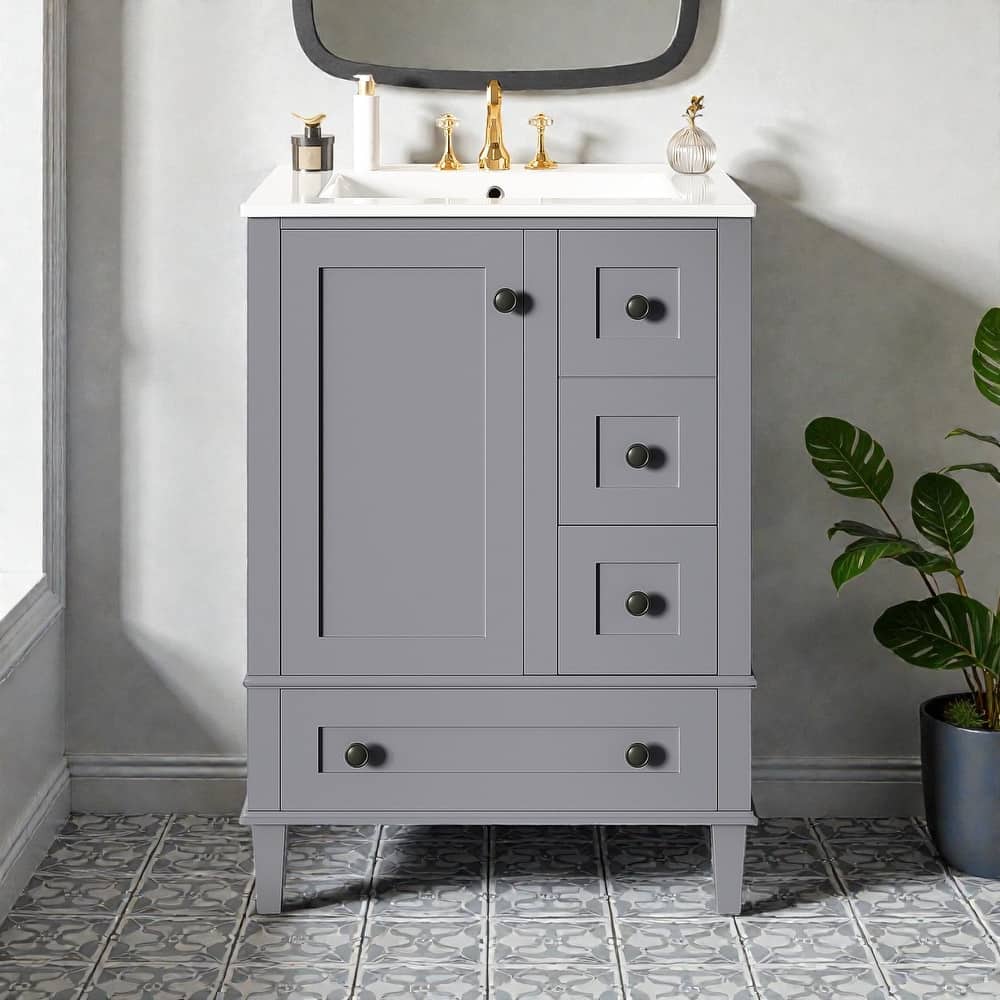 24" Bathroom Vanity with Integrated Ceramic Sink, Soft-Close Drawers and Door, Cabinet with Door Storage Rack