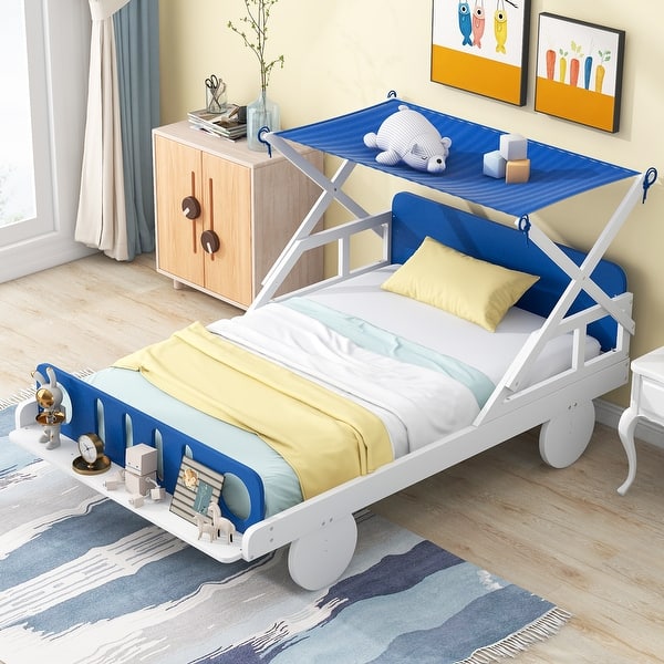 slide 2 of 8, White+Blue Playful Twin Car Platform Bed, Ceiling Cloth, Storage Shelf, Wheel Legs White+Blue