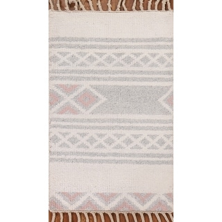 Grey/ Ivory Geometric Moroccan Wool Rug Hand-knotted Foyer Carpet - 2'0" x 3'0"