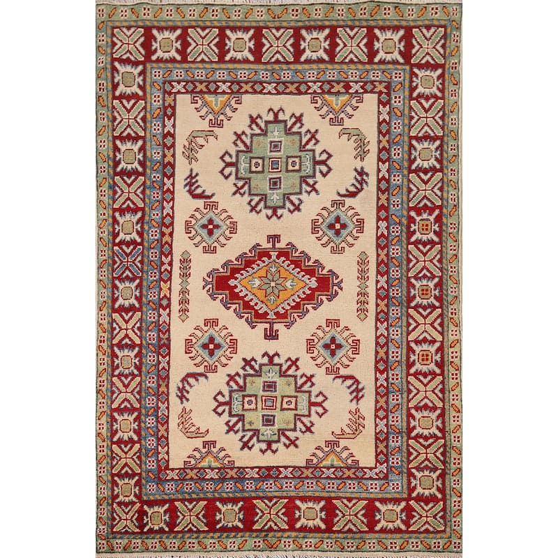 Geometric Beige Kazak Accent Rug Hand-Knotted Wool Carpet - 3'3" x 5'1"