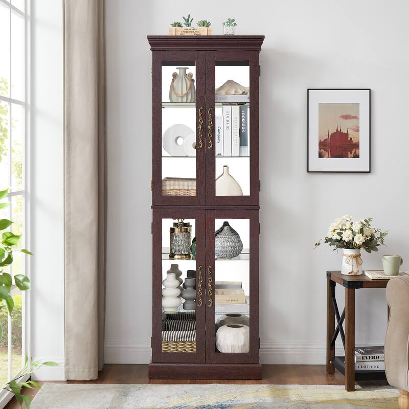 Lighted Glass Curio Display Cabinet: Wood Frame, Wine/Toy Storage - For Living Room/Kitchen, Bulb Included