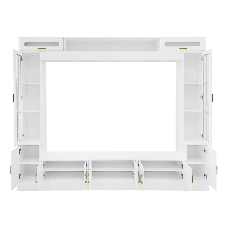 80 inch TV Stand, 8.4 ft Wall Unit Entertainment Center with Bookshelves & Glass Door Cabinets