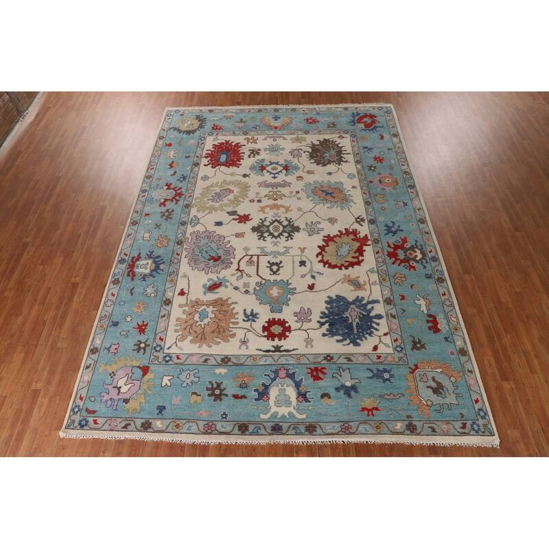 Ivory & Blue Oushak Indian Large Area Rug Handmade Wool Carpet - 10'1"x 13'10"