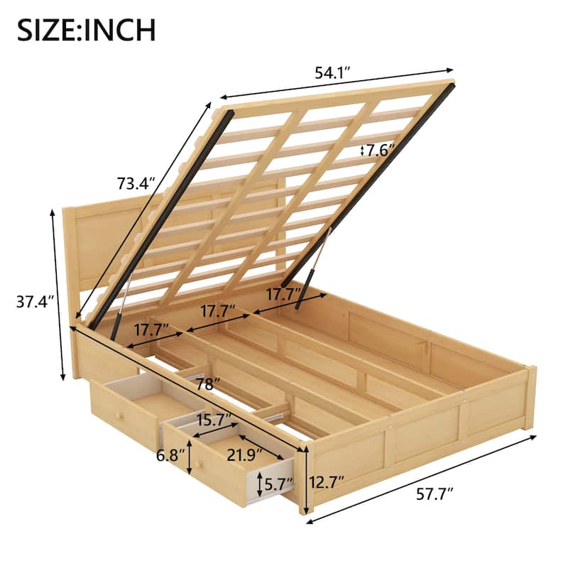 Full/Queen Size Wood Platform Bed with Headboard, 2 Drawers, Extra Storage Space & Sturdy Slats