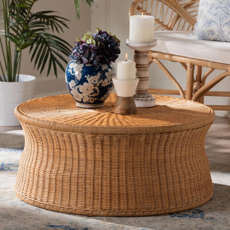 Caroline Round Natural Rattan Coffee Table - Handwoven Wicker Drum Shape Accent Table for Living Room or Sunroom, Light Honey