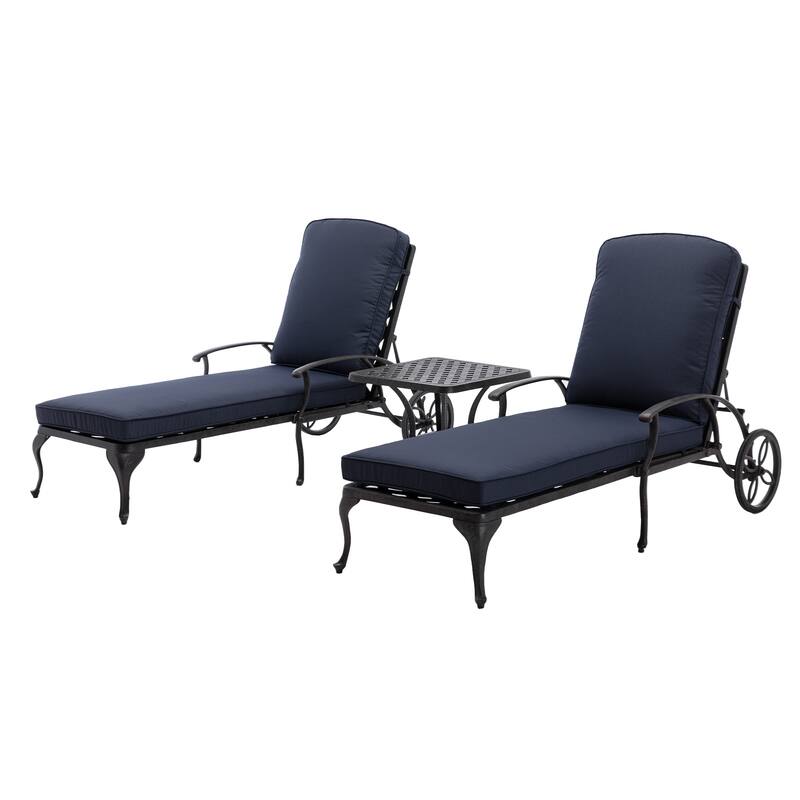 3-Piece Aluminum Reclining Outdoor Chaise Lounge with Cushions and Table