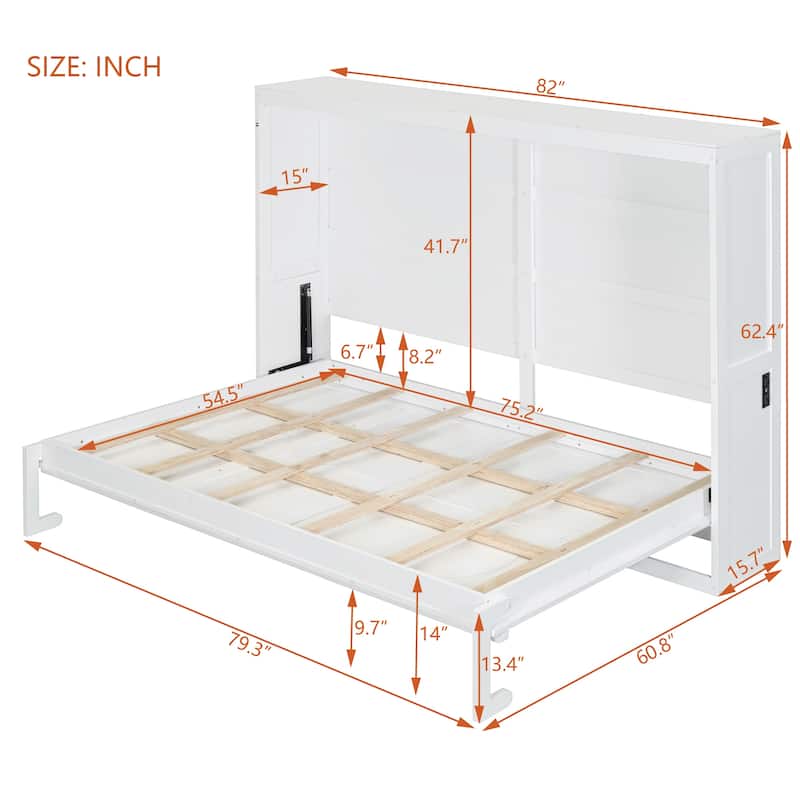 Full/Queen Size Murphy Wall Bed with Cabinet, Space-Saving Fold-Out Bed with Slat Support, No Box Spring Needed