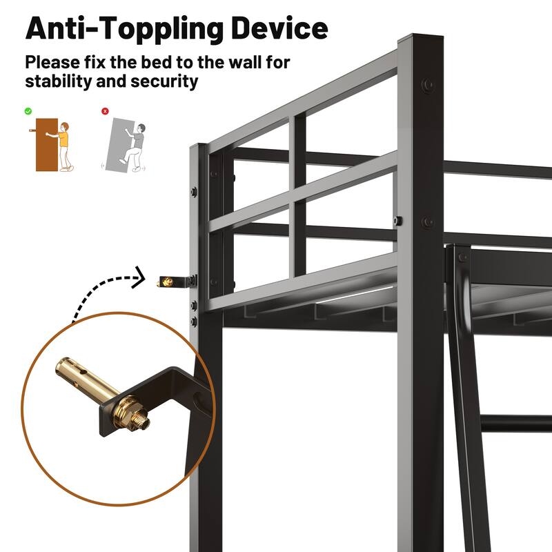 Twin Size Metal Loft Bed with L-Shaped Desk and Charging Station, Safety Guardrail and Staircase, No Box Spring Needed