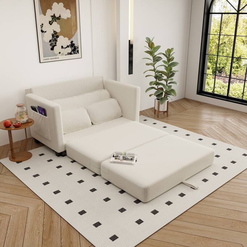 2-in-1 Convertible Corduroy Sofa Bed with Storage, High-Rebound Sponge & Solid Wood Frame