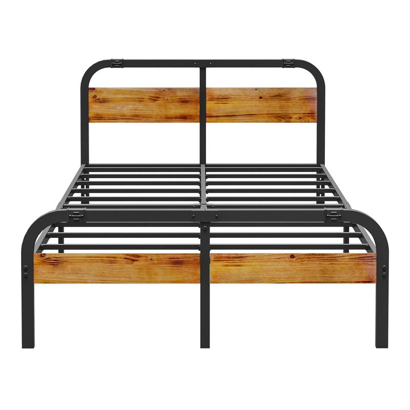 Industrial Platform Bed with Strong Metal Support, Wooden Headboard and Footboard