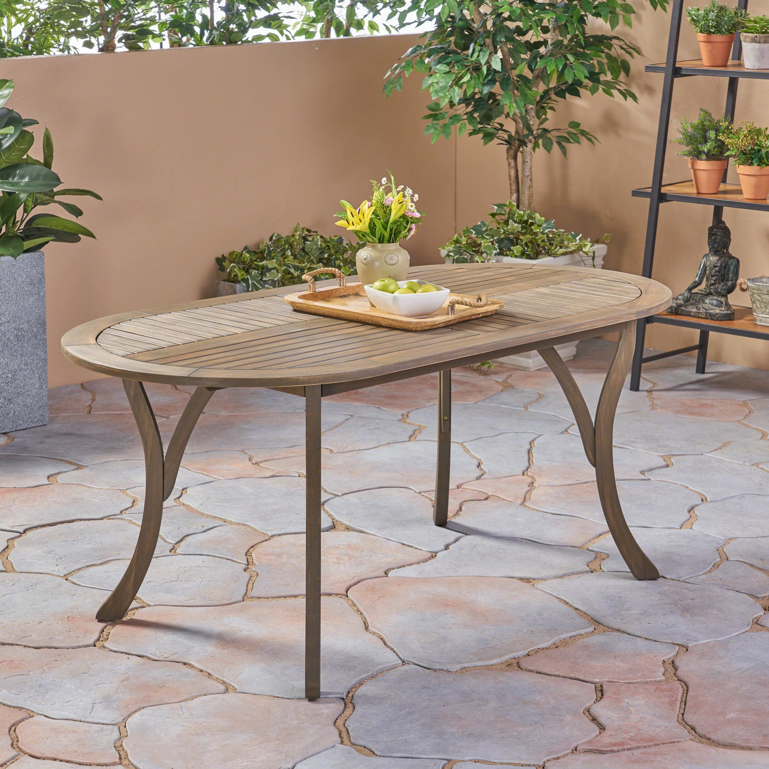 Acacia Wood Dining Table 70 Inch Oval Top Gray Finish Outdoor Patio