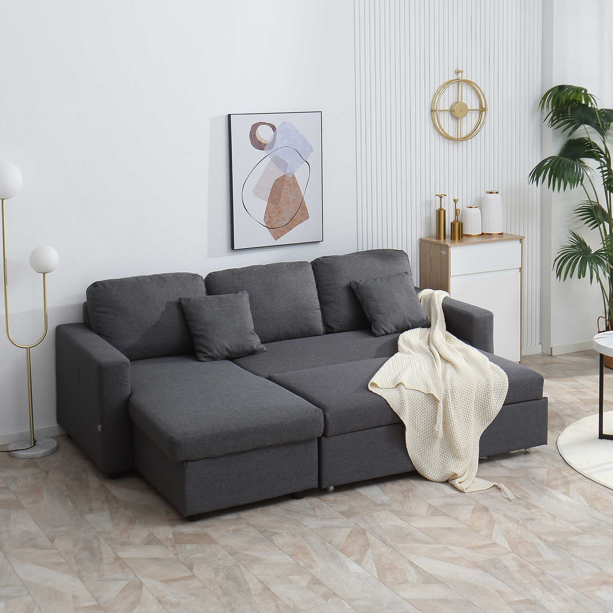 HOMCOM Sectional Sleeper Sofa Linen Fabric L Shaped Couch with