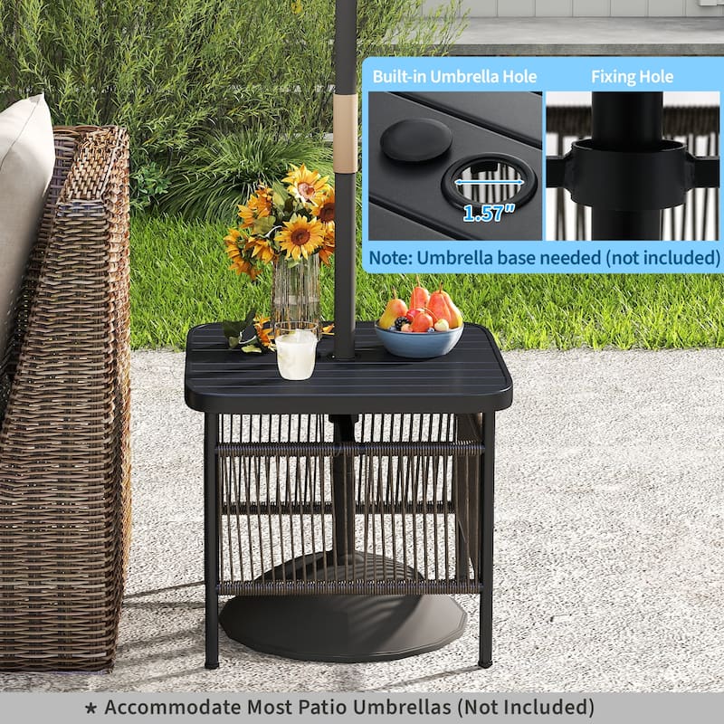 Outdoor Rustic Wood Patio Side Table with 2-Tier Storage and Umbrella Hole Metal Frame - 20.5" x 18" x 18"