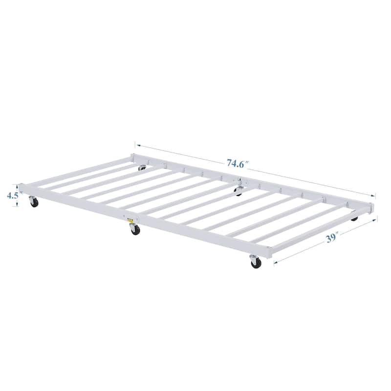 VECELO White Metal Trundle Bed Frame on Wheels with Brakes, Twin Size Space Saving Roll Out Guest Bed No Box Spring Needed