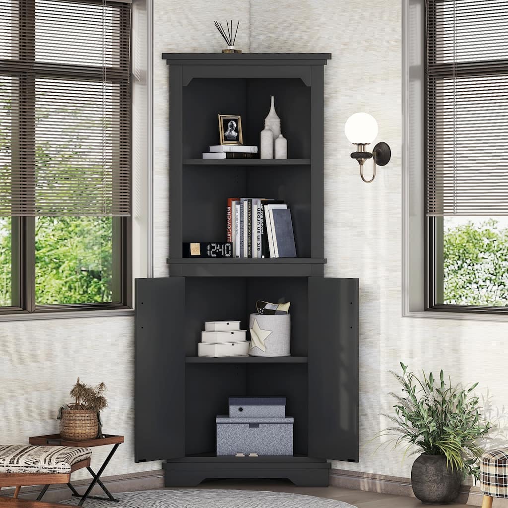 Roomfitters Tall Corner Storage Cabinet with Doors and Adjustable Shelves for Living Room, Bathroom, or Kitchen, Black