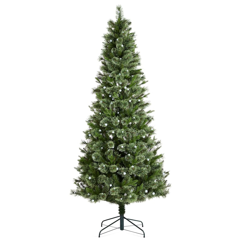 Glitzhome 7.5ft/9ft Pre-Lit Green Slim Pine Artificial Christmas Tree with Foot Pedal & Remote Control