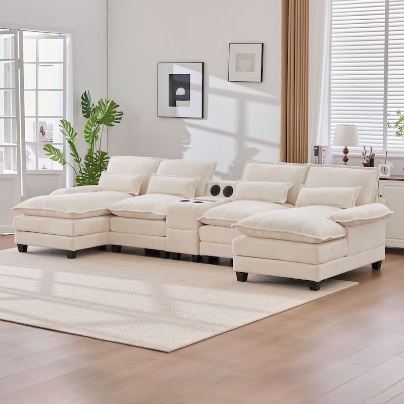 6-seat Chenille Upholstered Modern U-shaped Sectional Multifunctional Sofa with 2 Cup Holders,Pull-out Storage Space - Beige