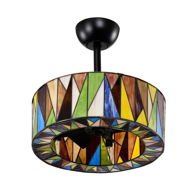 Svenja Black Lighted Ceiling Fan with Multi-Colored Earth Tones Tiffany Style Glass Shade Fandelier with Remote - MultiColored