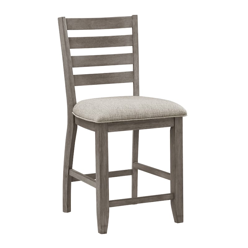 Trea 26 Inch Counter Height Chair, Ladder Back, Polyester, Gray Solid Wood