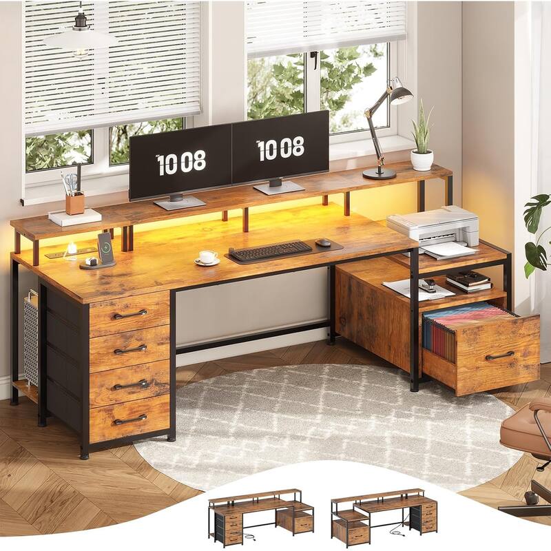 Home Computer Desk File Drawer & Power Outlet 5 Drawer Monitor Shelf - 75'' - Brown